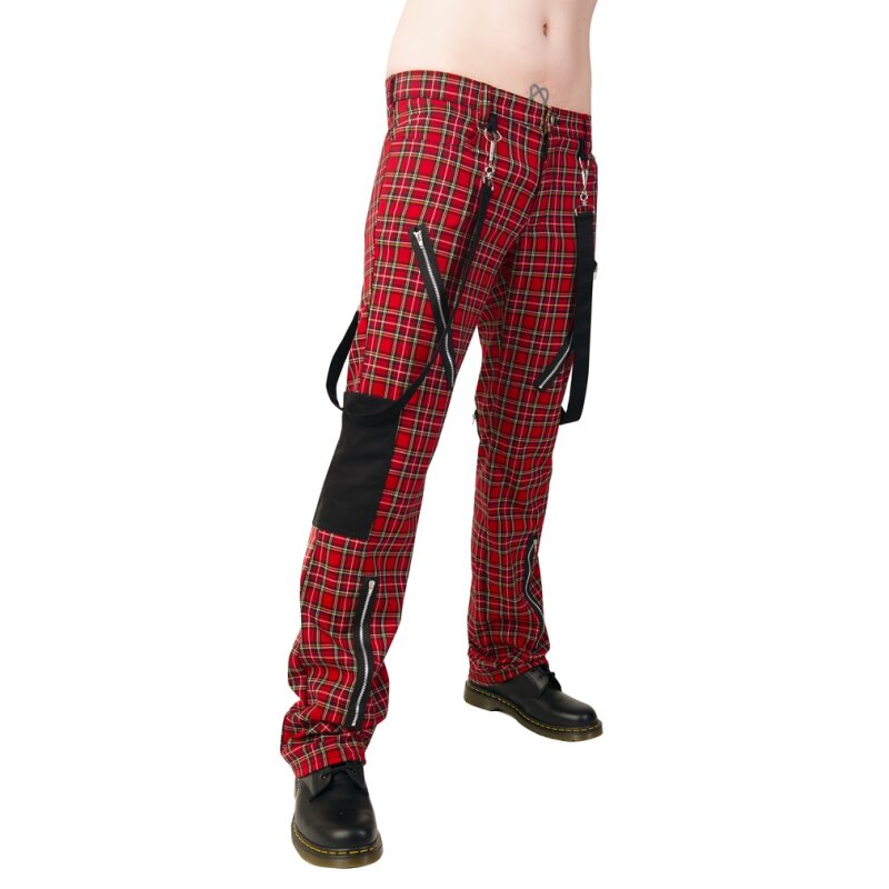 Nohavice " Black Pistol Jeans Trousers - Punk Pants Tartan Red"